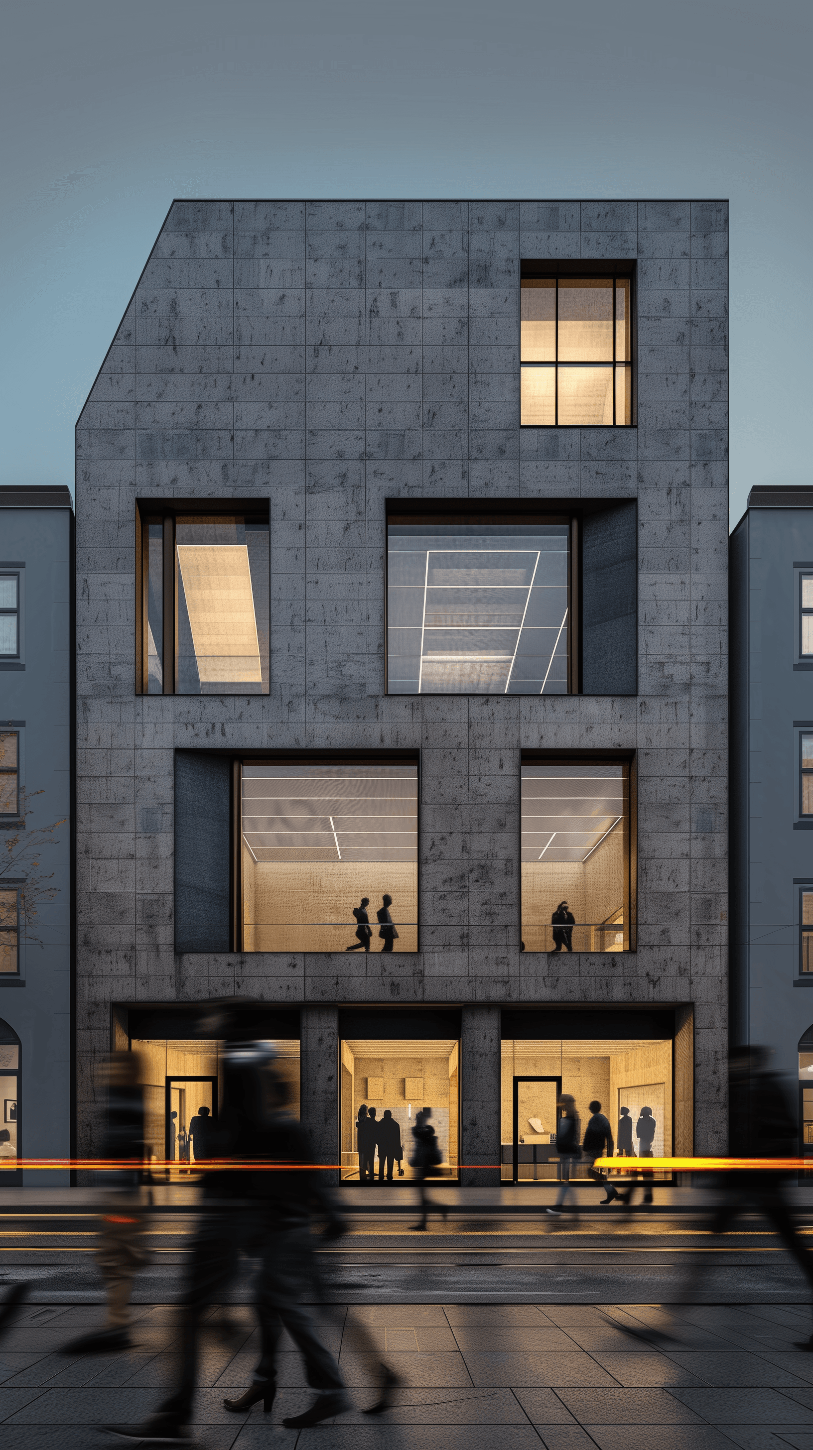 AI generated: photography, eye-level, front view, a contemporary urban building facade during twilight with pedest...