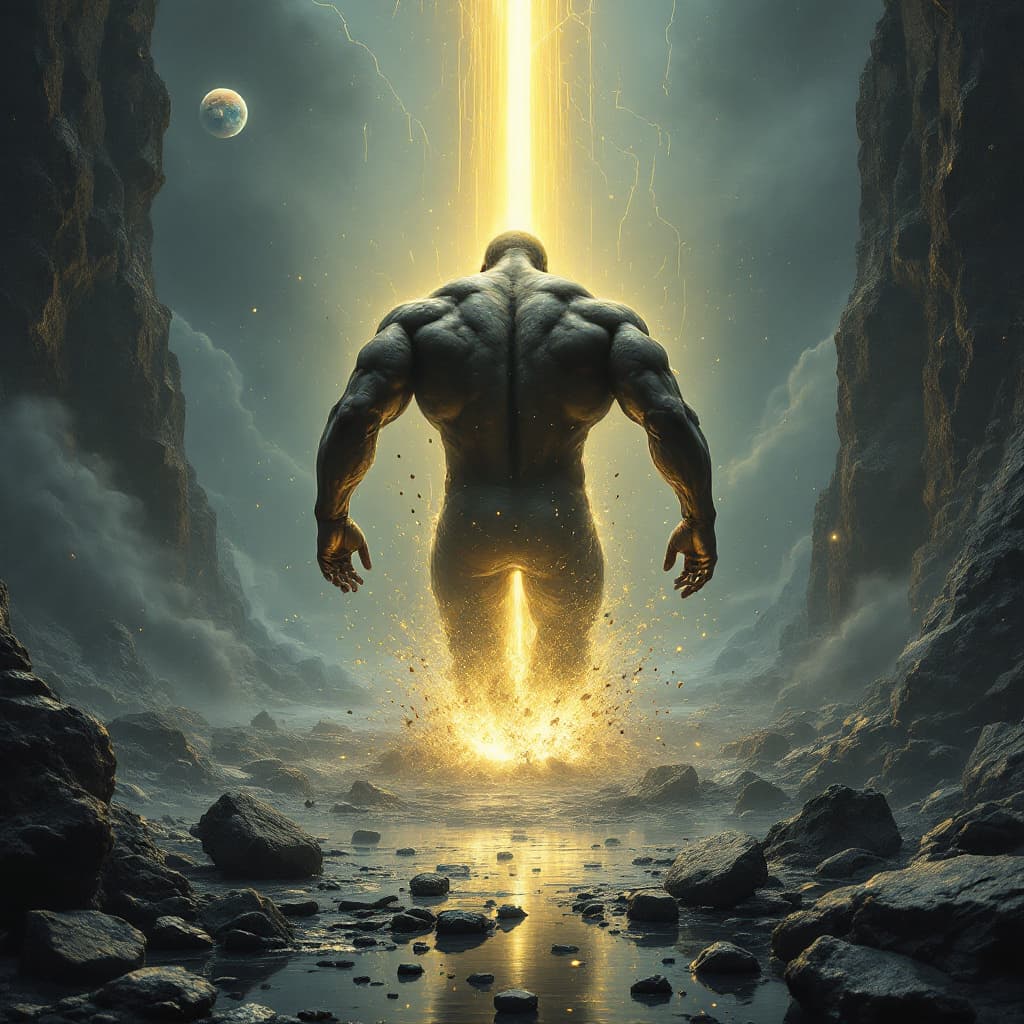 AI generated: Darkwave, synthwave,  epic music album cover. It portrays a close up of a floating very muscular per...