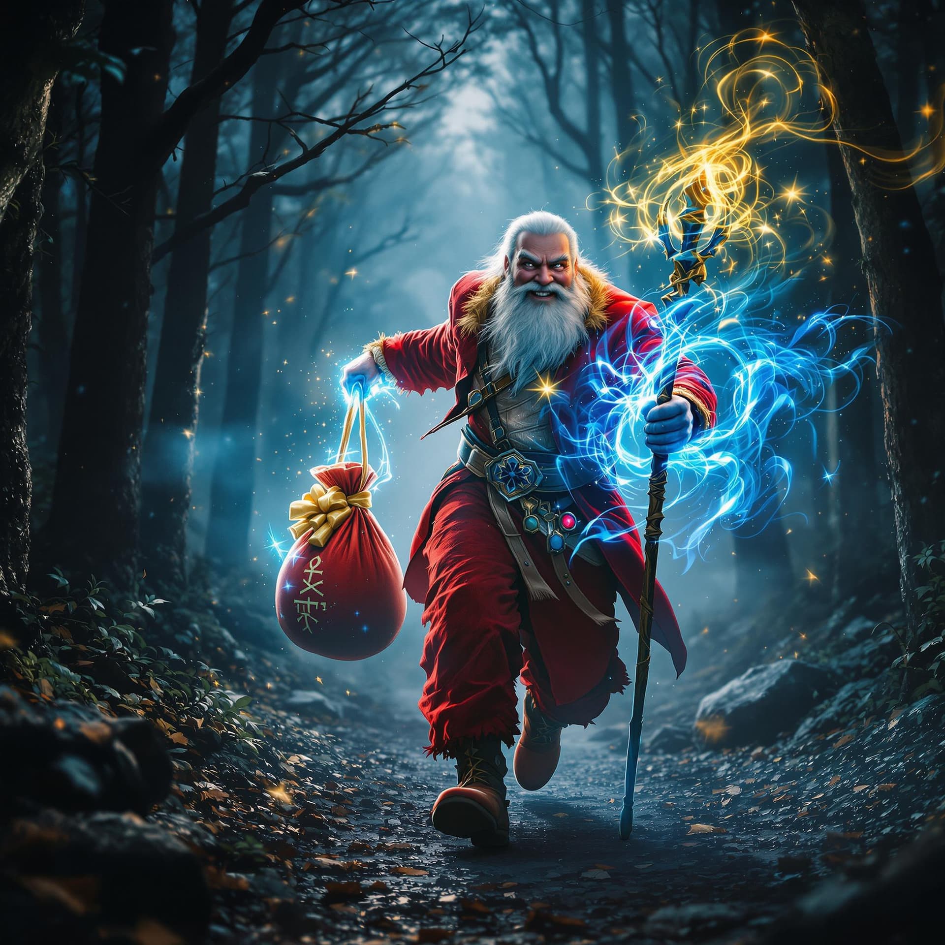 AI generated: movie poster, smiling kind russian uncle frost wearing red rocker clothes is depicted in an action p...