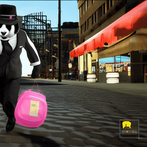 AI generated: in the style of gta v, a black and white panda wearings a black bowler hat a tartan bow tie and pink...