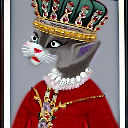 AI generated: short haired, gray, tabby cat, anthropomorphic as Queen Elizabeth II sitting in formal English libra...