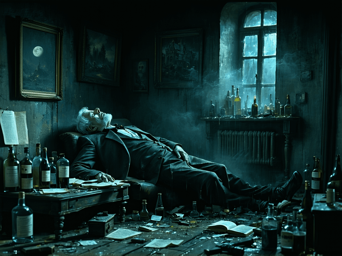AI generated: Create an emotional dramatic dystopian image in the year 1860, featuring an old Russian poet, sick w...