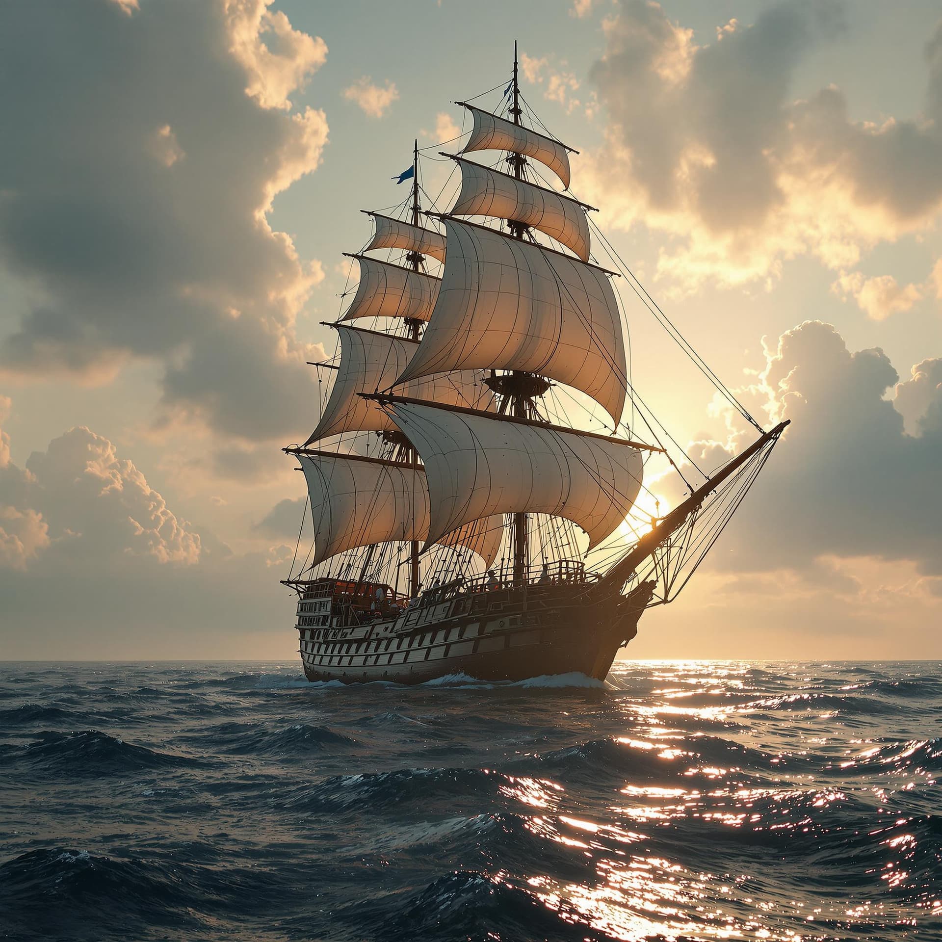AI generated: Photo of a ultra realistic sailing ship, dramatic light, pale sunrise, cinematic lighting, battered,...
