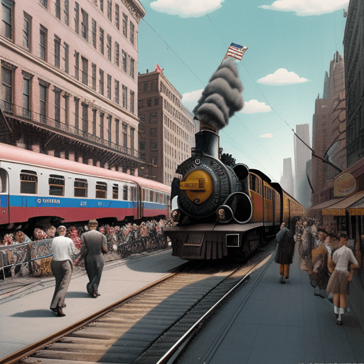 AI generated: Hyper realistic   New York city 1950s color street life train on building cars on elephants donkey r...