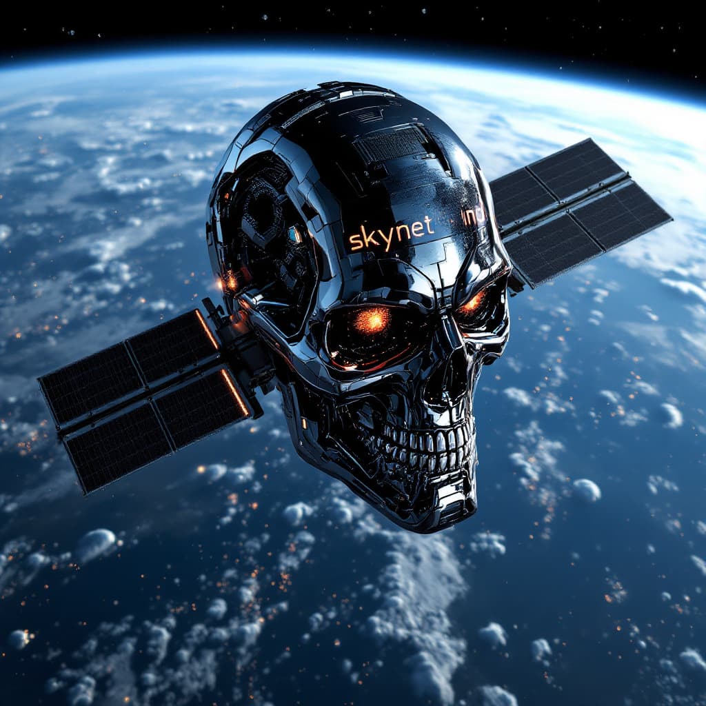 AI generated: a satellite in orbit that is similar to a t-800 terminator's head morphing into a spacecraft , looki...