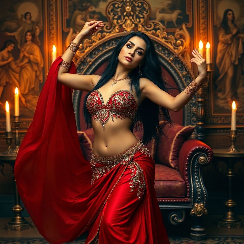 AI generated: A stunning 25-year-old belly dancer arches achingly backwards deep green eyes shining Long dark rave...