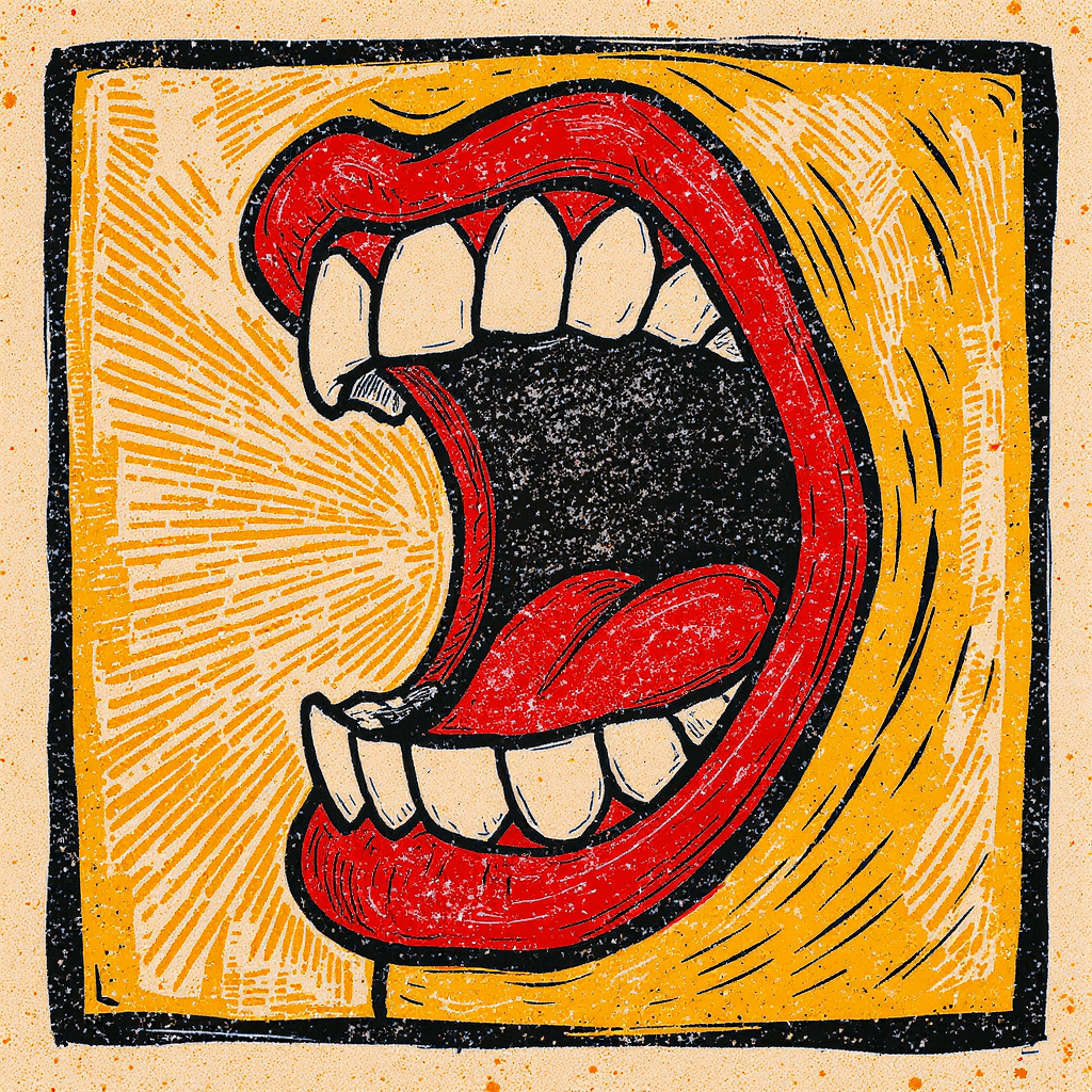 AI generated: A side-on cartoon-style mouth, wide open as if roaring or ready to eat, designed in a rough lino cut...