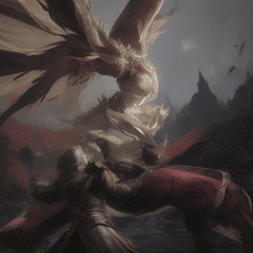 AI generated: The final battle between the heroic Vander Myndestorm and the evil Tyrant King.