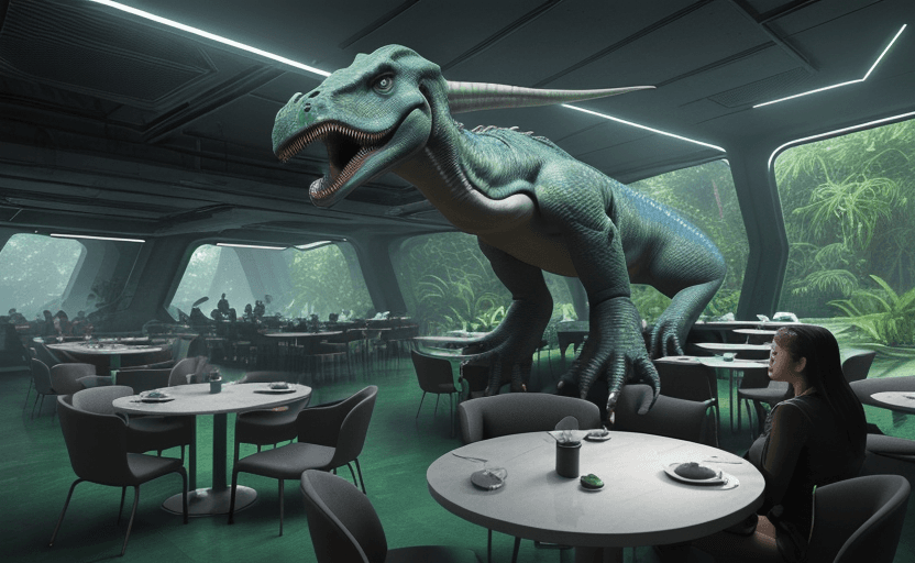 AI generated: Futuristic CyberPunk interior photo of a dining hall area in a station celebratory decorations atten...