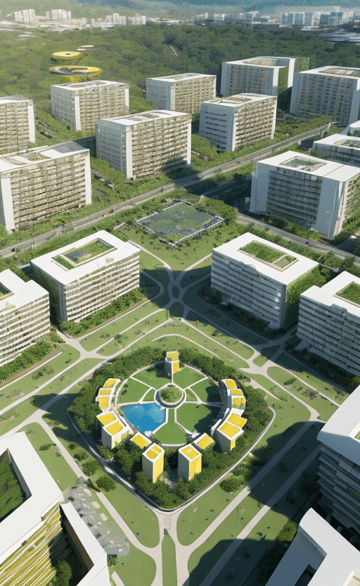 AI generated: a magnificent modern ecotourism village with many different and singular residential buildings desig...