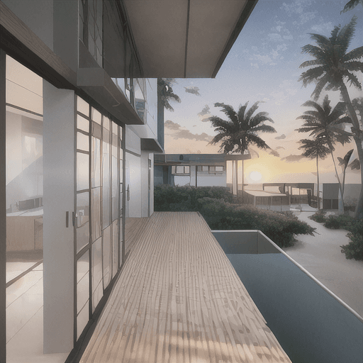 AI generated: small modern villa, brown architecture, front, Bauhaus architectural style, sunrise, tree, medium mo...