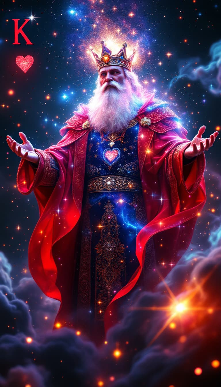 AI generated: The King of Hearts card transforms into a 3D hologram that appears to be made of cosmic energy. As t...