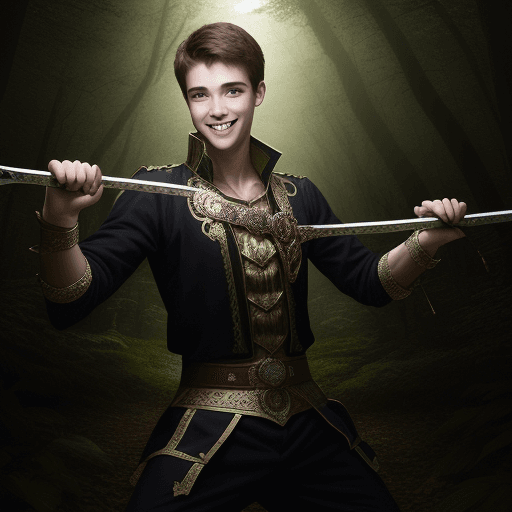 AI generated: High resolution photography young smiling man with a nine-ring sword dancing and fighting inside a d...