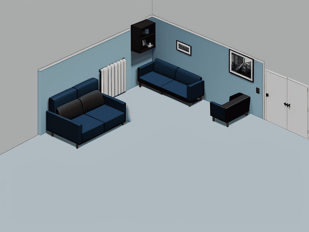 AI generated: medium rest room, in a blue tone, with sofa, bench with coffee, simple corporate environment, televi...