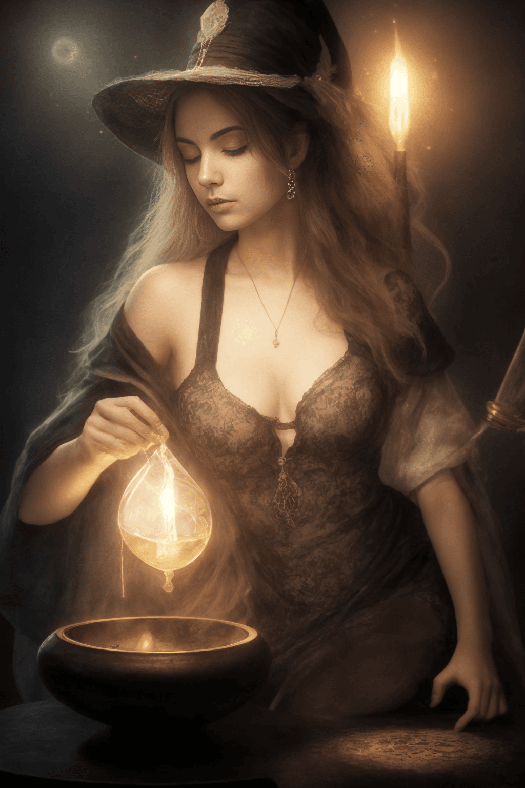 AI generated: stunning fantasy witch practicing and studying Alchemy, Victoria Frances, Luis Royo, (french:0.3, it...