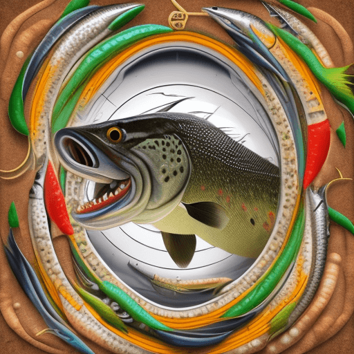 AI generated: label for fishing bait - in the water, a fish Trout eats bait - an earthworm, a live earthworm - wit...