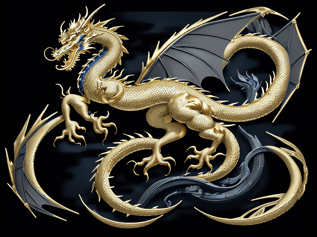 AI generated: gold scroll painting of an chinese dragon on black， in the style of dark sky-blue and dark gray， del...