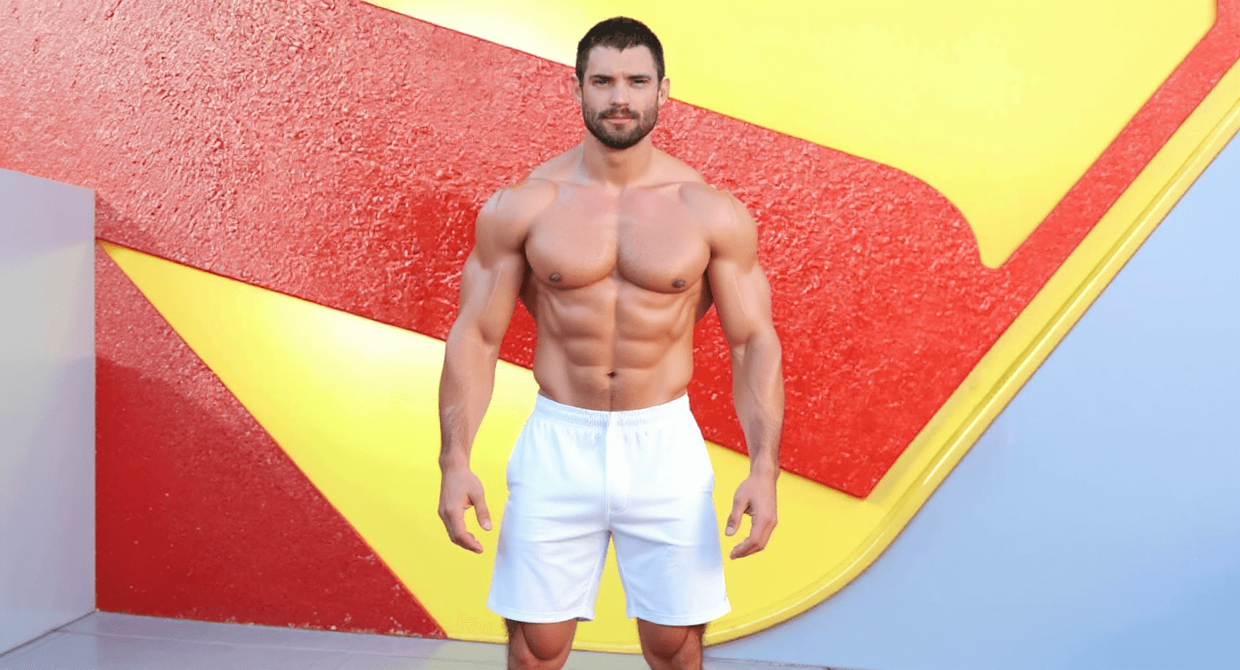 AI generated: a muscular lean Shirtless man wearing a bulging white speedo with a trimmed facial hair and a buzzed...