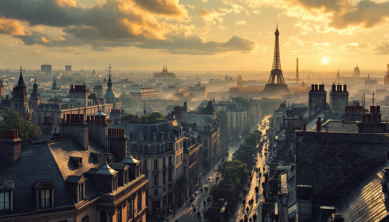 AI generated: hyper-realistic illustration, a panoramic view above the 1900s Paris rooftops after a hot summer rai...