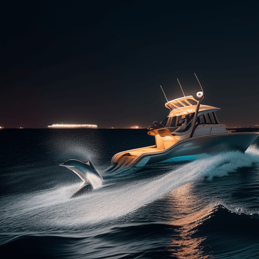 AI generated: High resolution photography.over board style dolphins running with overbord boat by night lighting c...