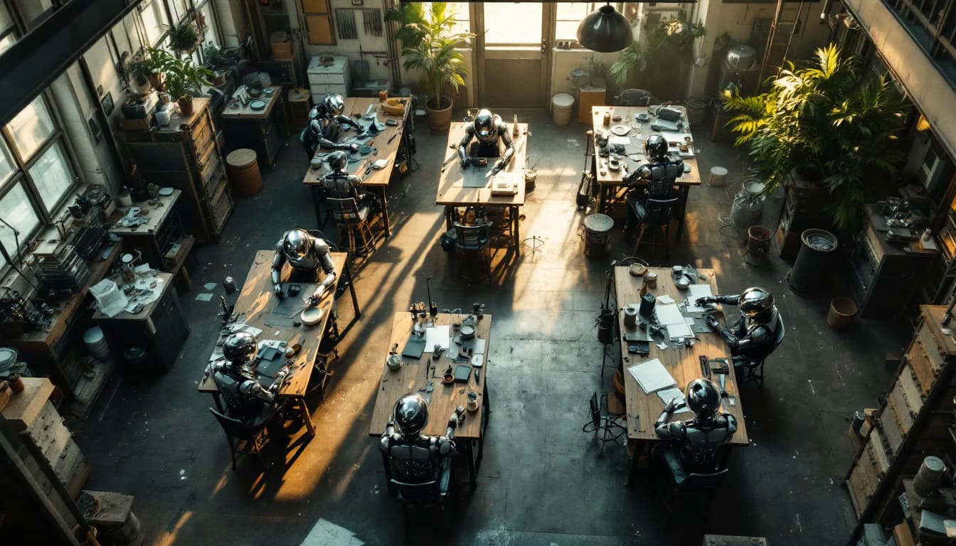 AI generated: A highly detailed cinematic overhead shot capturing a workshop with multiple workstations. At each w...