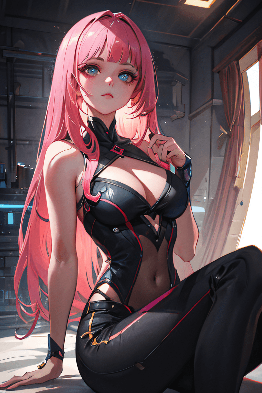 AI generated: Step into a futuristic realm with an awe-inspiring artwork of a girl with long pink hair. Utilize 3D...