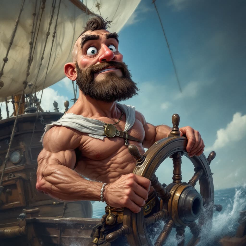 AI generated: A realistic caricature of a brave and strong shaved man standing at the helm of a ship

