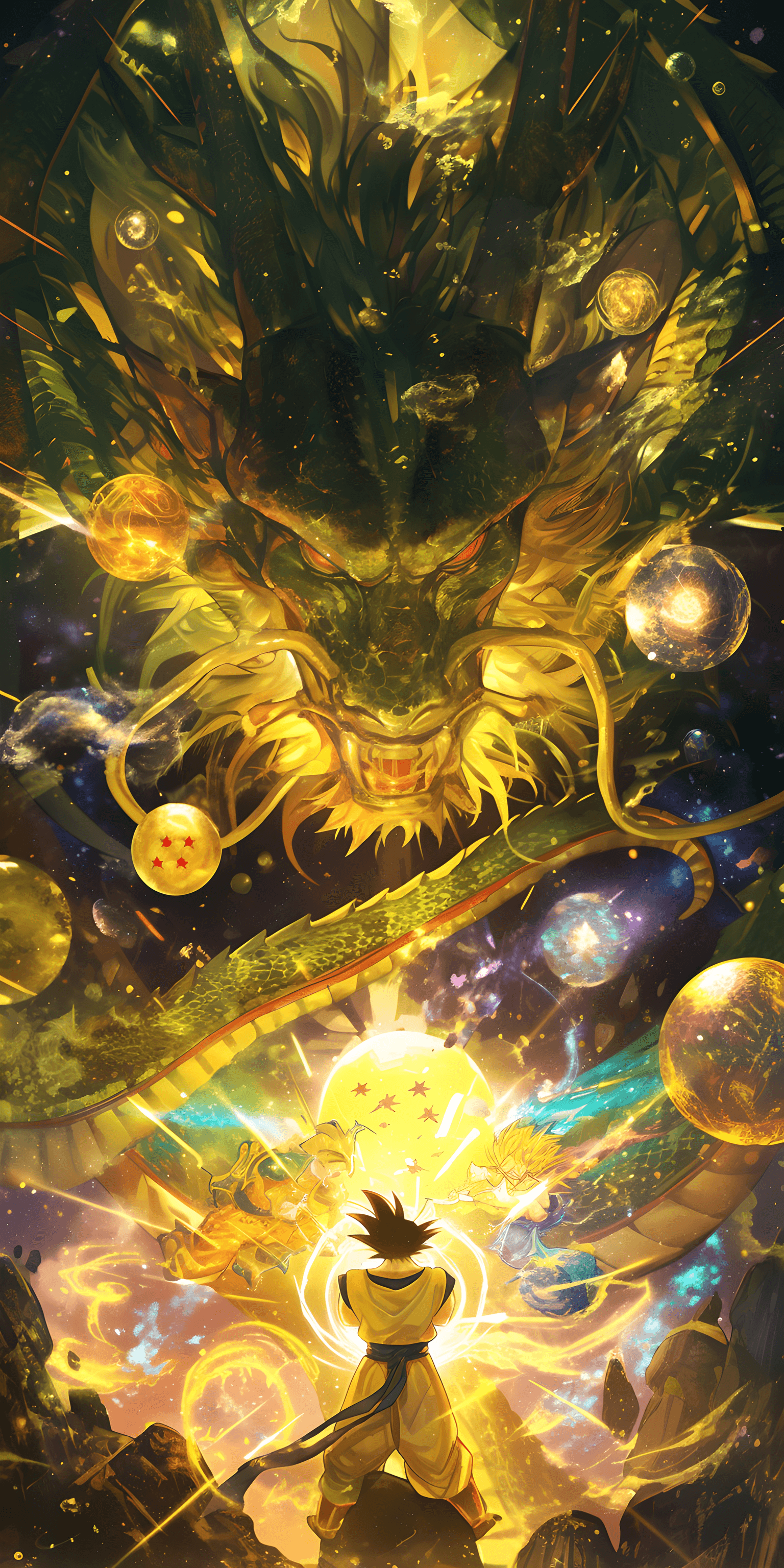 AI generated: Sun Wukong, surrounded by 7 Dragon Balls, golden radiance, divine dragon hovering, gentle gaze, gree...