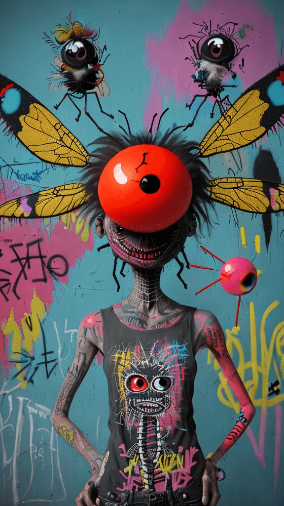 AI generated: graffitied on the wall invision my imaginary friend a Absurd Embroidery bird head spider legs red or...