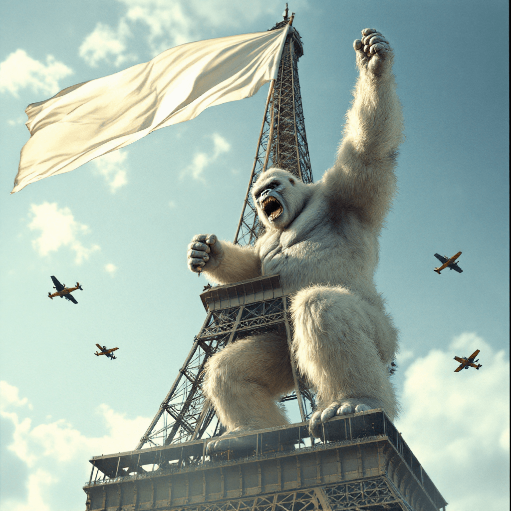 AI generated: king kong,His right hand is holding a large white flag. King Kong is gripping the metal structure wi...