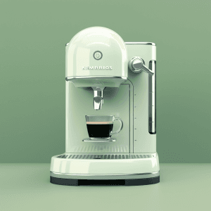 AI generated: Illustrate a minimalist white coffee machine, against a light green background to convey a sense of ...
