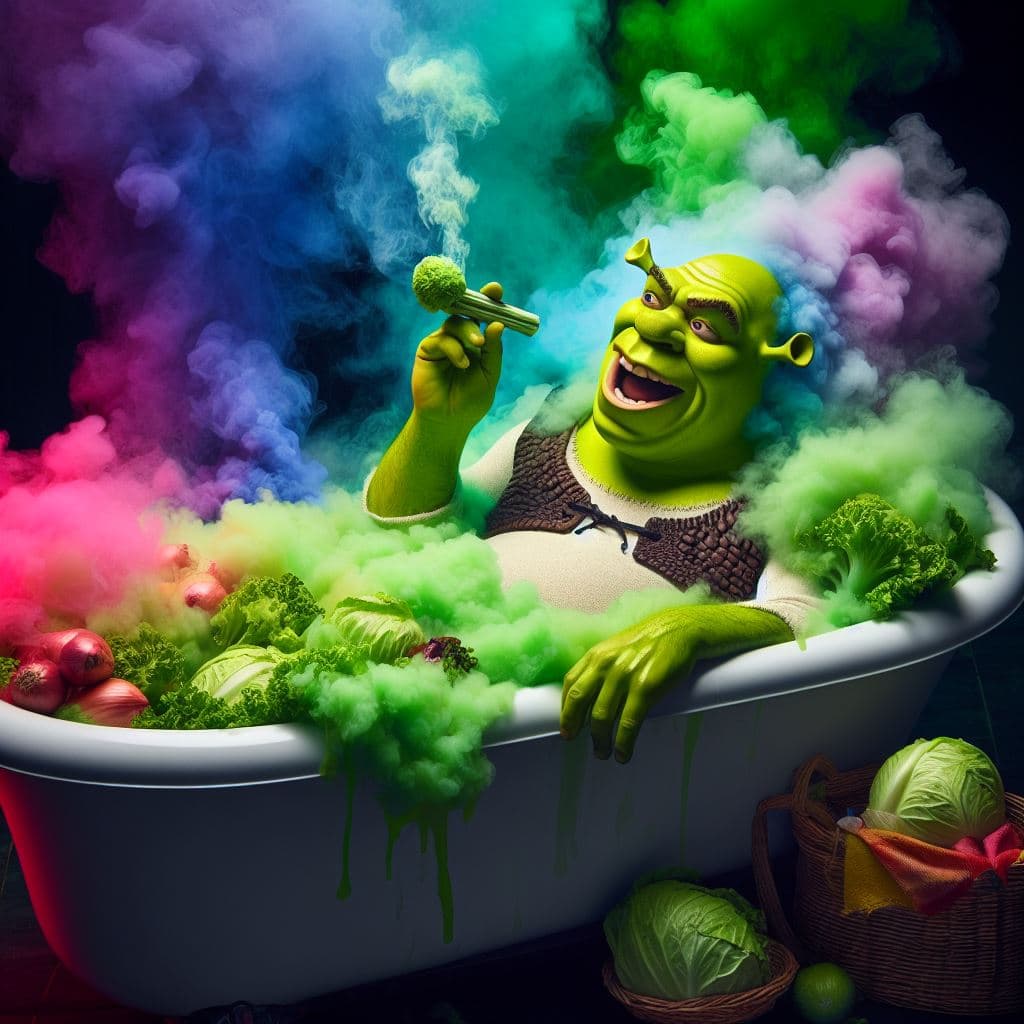 AI generated: Shrek bathing in a tub of lettuce with turbolences, humour, alluviation, cigar smoking, colours