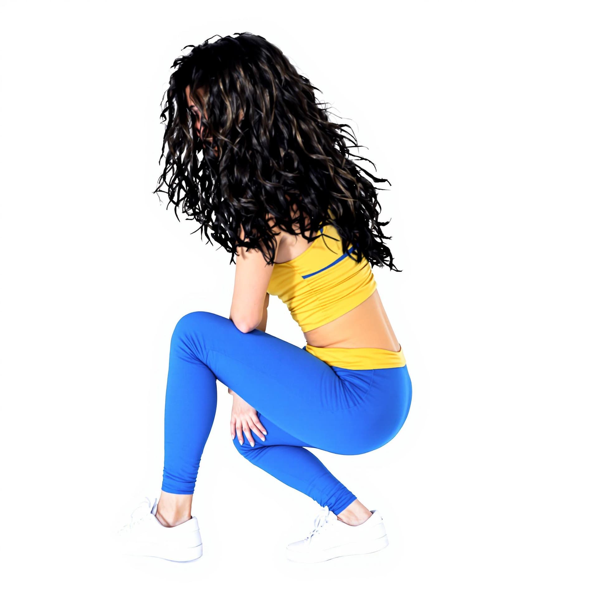 AI generated: a woman in a yellow top and blue leggings is seen in a squatting position with her back to the camer...