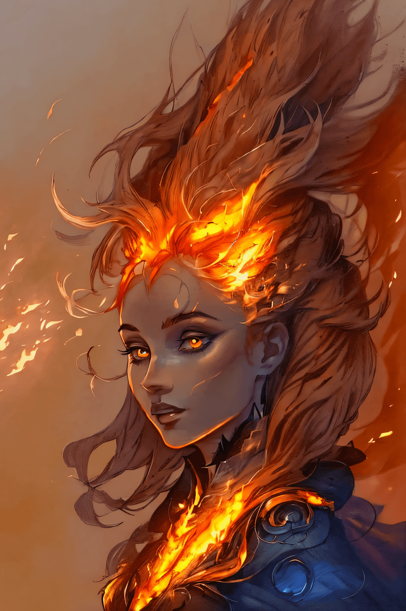 AI generated: there is a woman with a fire on her head, fire hair, hair made of fire, stunning digital illustratio...