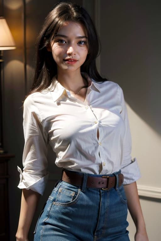 AI generated: best quality, masterpiece, (photorealistic:1.4), 1girl, light smile, wearing a white collared shirt,...