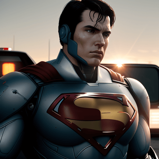 AI generated: Photo of a ultra realistic superman robot in police car, dramatic light, pale sunrise, cinematic lig...