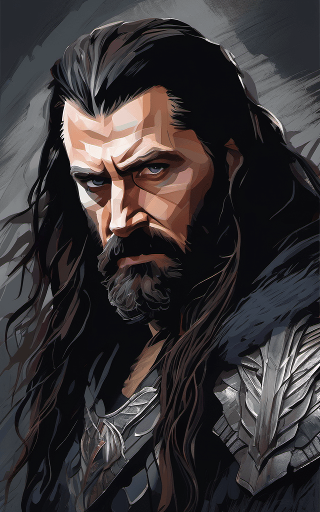 AI generated: portrait of thorin oakenshield, mean look, brutal composition, digital painting, expressionism, emot...