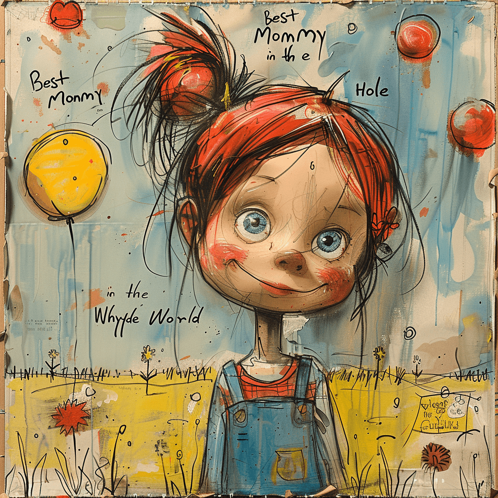 AI generated: child’s drawing that reads "Best Mommy in the Hole Whyde World" --stylize 750