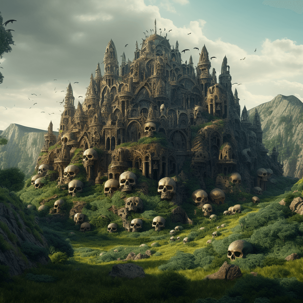 AI generated: the skulls surrounding a castle, in the style of fantasy-inspired art, ivan fedorovich choultse, spi...