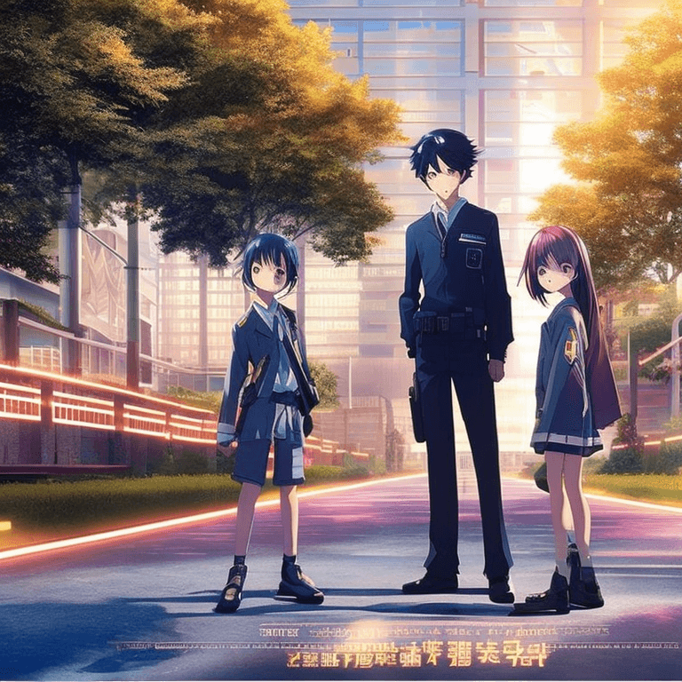 AI generated: {best quality}, two cool teens with their mature adult mentor of anime characters standing next to e...
