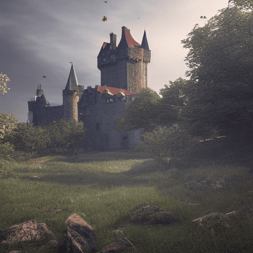 AI generated: mdjrny-v4 style, a medieval countryside with an English castle in the distance,  atmospheric, hyper ...
