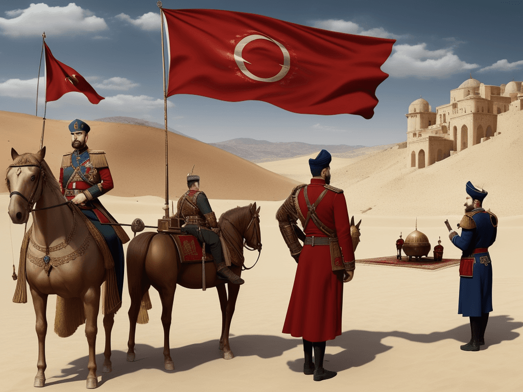 AI generated: Ottoman empire with flag and soldiers,ottoman,empire,Ottoman sultan,soldiers of ottoman,cinematik,la...