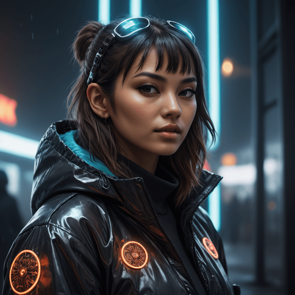 AI generated: detailed portrait Neon Operator Girl, cyberpunk futuristic neon, reflective puffy coat, decorated wi...