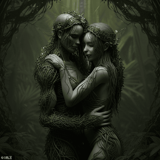 AI generated: two people hugging each other in the jungle, in the style of ethereal figures, made of vines, physic...