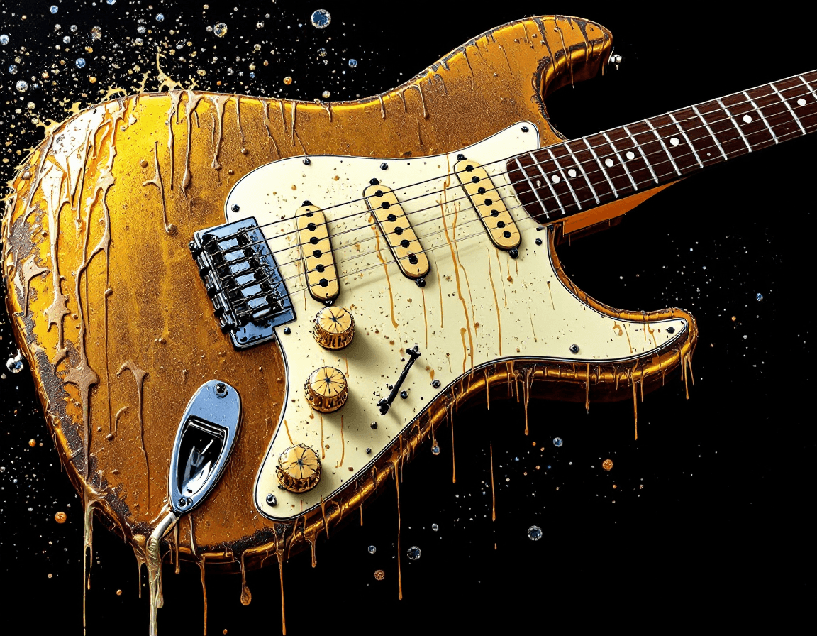 AI generated: A Fender Stratocaster Electric Guitar, Brass body with chrome pickups, rosewood control knobs and  r...