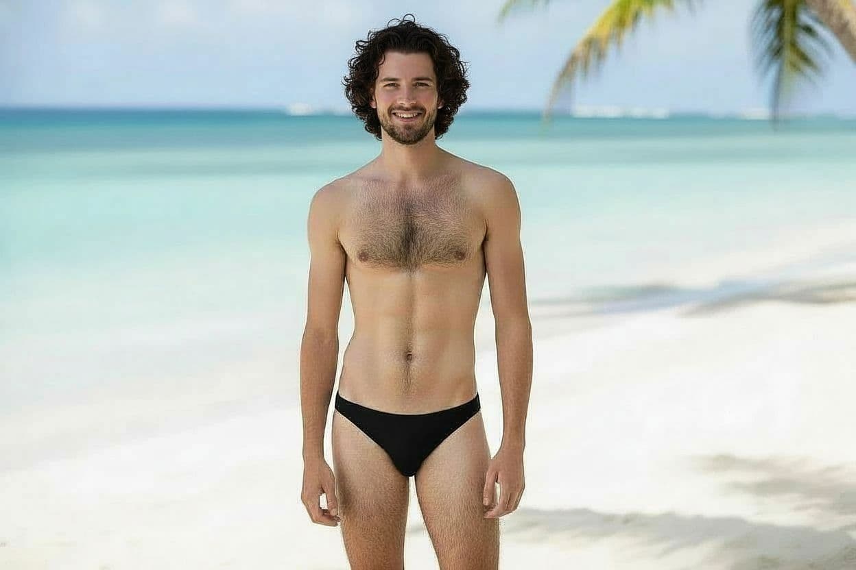 AI generated: Make bulge in front of swimsuit three times as big
Add more a lot more musculature
Add more leg ha...