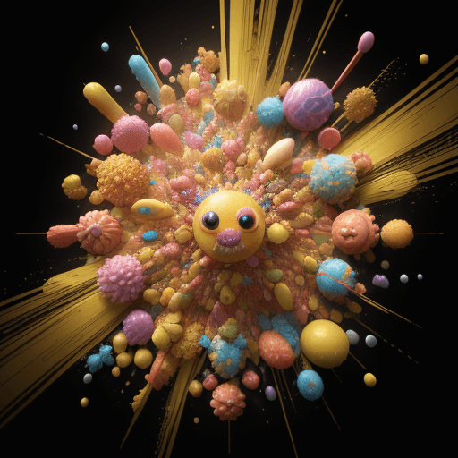 AI generated: candy packing design with yellowish particles like bursting, creatures, intricate artwork . octane r...