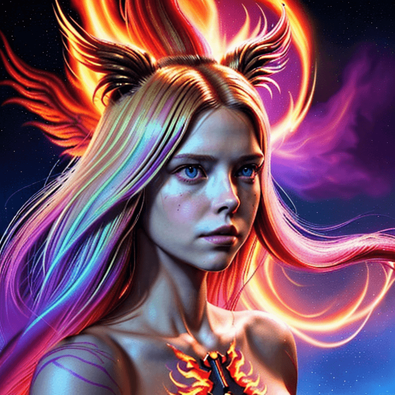 AI generated: female retrowave phoenix humanoid female Lindsay Wagner, flames, in final fantasy art style, epic, l...