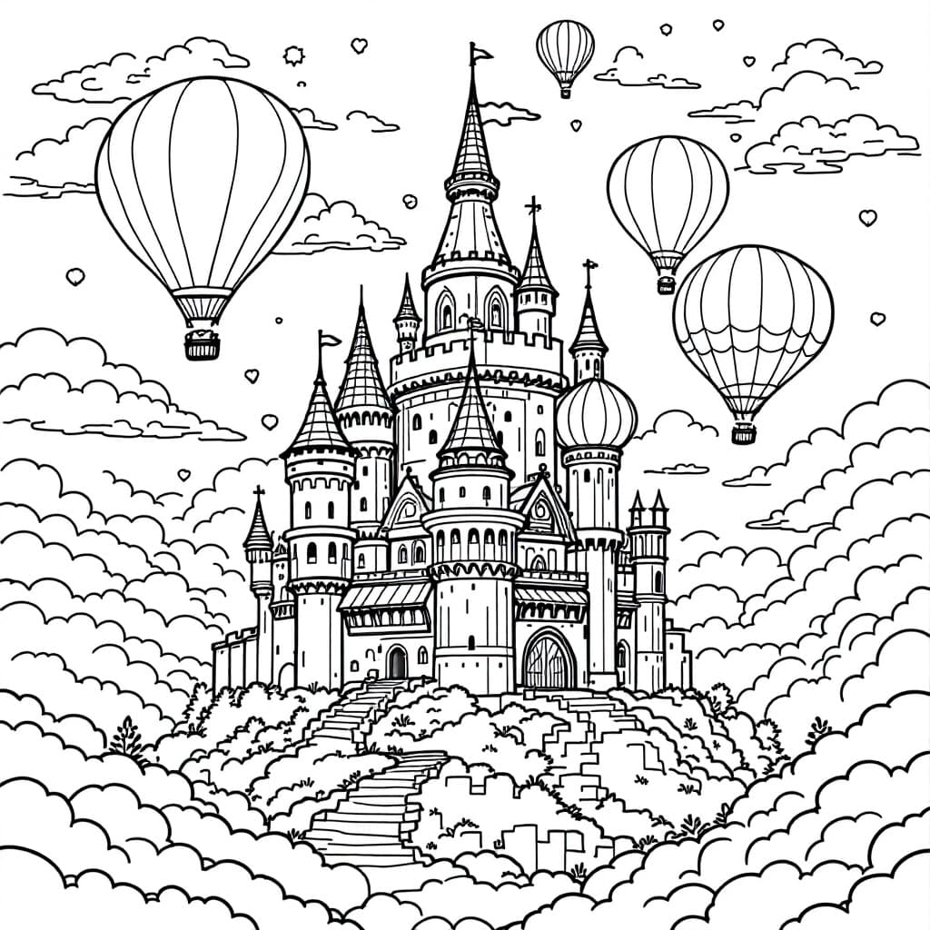 AI generated: Coloring book page, A magical castle in the clouds with hot air balloons floating around