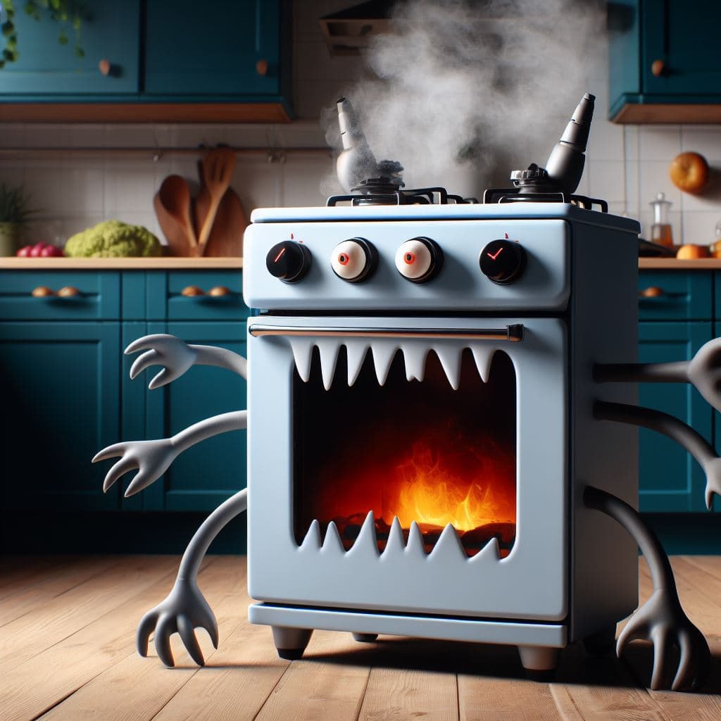 AI generated: A kitchen stove that comes to life in the style of Pixar cartoons as a spooky monster with monster f...